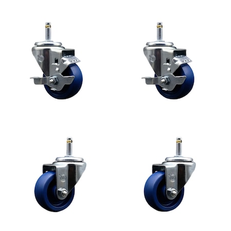 Service Caster 3'' Solid Poly Wheel Swivel 7/16'' Grip Ring Stem Caster Set 2 Brakes, 4PK SCC-GR20S314-SPUS-TLB-716138-2-S-2